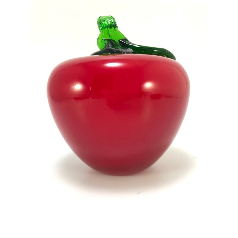Handblown Art Glass Apple Paperweight with Attached Stem and Leaf
